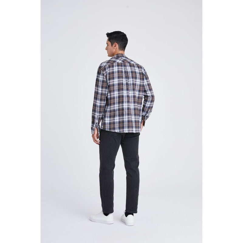 Plaid Men's Flannel Shirt With Pockets - 7N-BROWN/NAVY-3