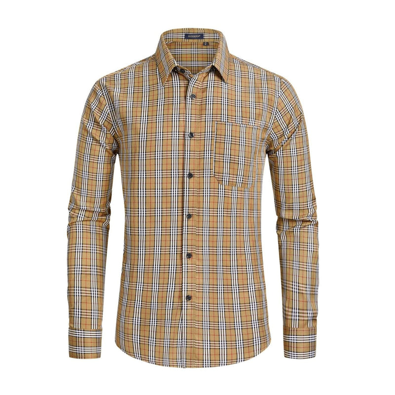 Men's Casual Long Sleeve Plaid Shirt - BROWN