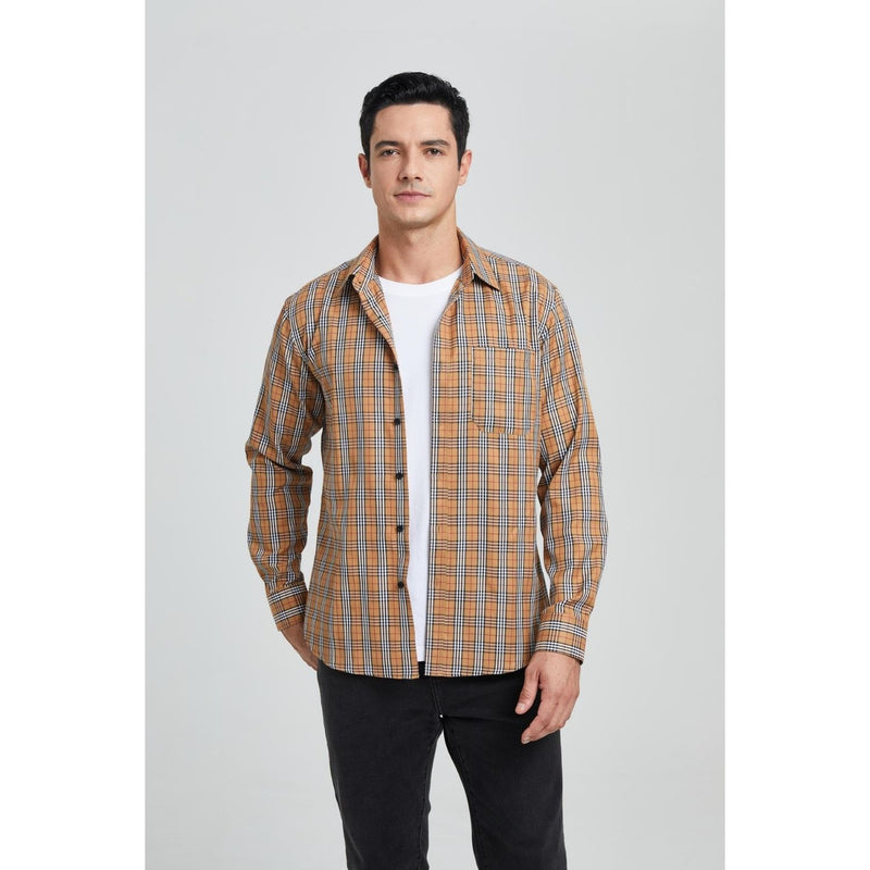 Men's Casual Long Sleeve Plaid Shirt - BROWN