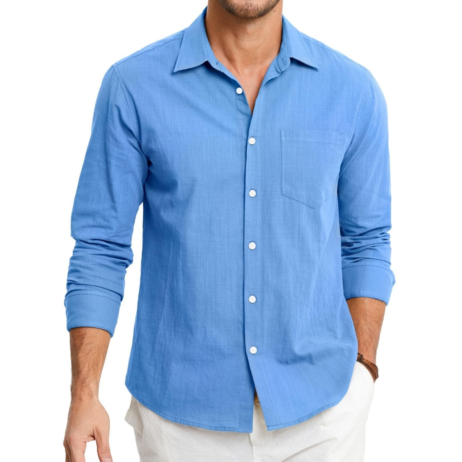 Hisdern Men's Long Sleeve Sky Blue Casual Linen Shirts for Summer Beach