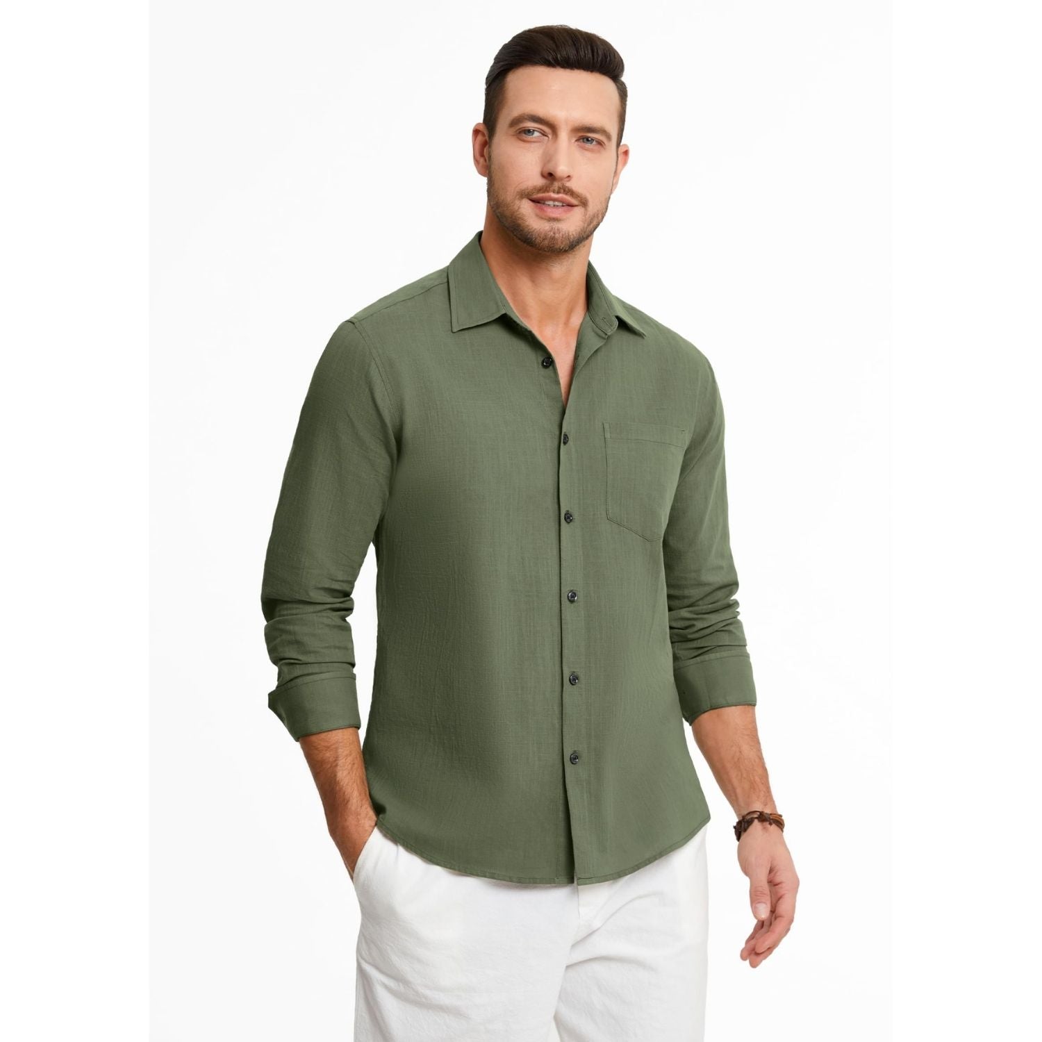 Hisdern Men's Long Sleeve Linen Shirt - Olive Green