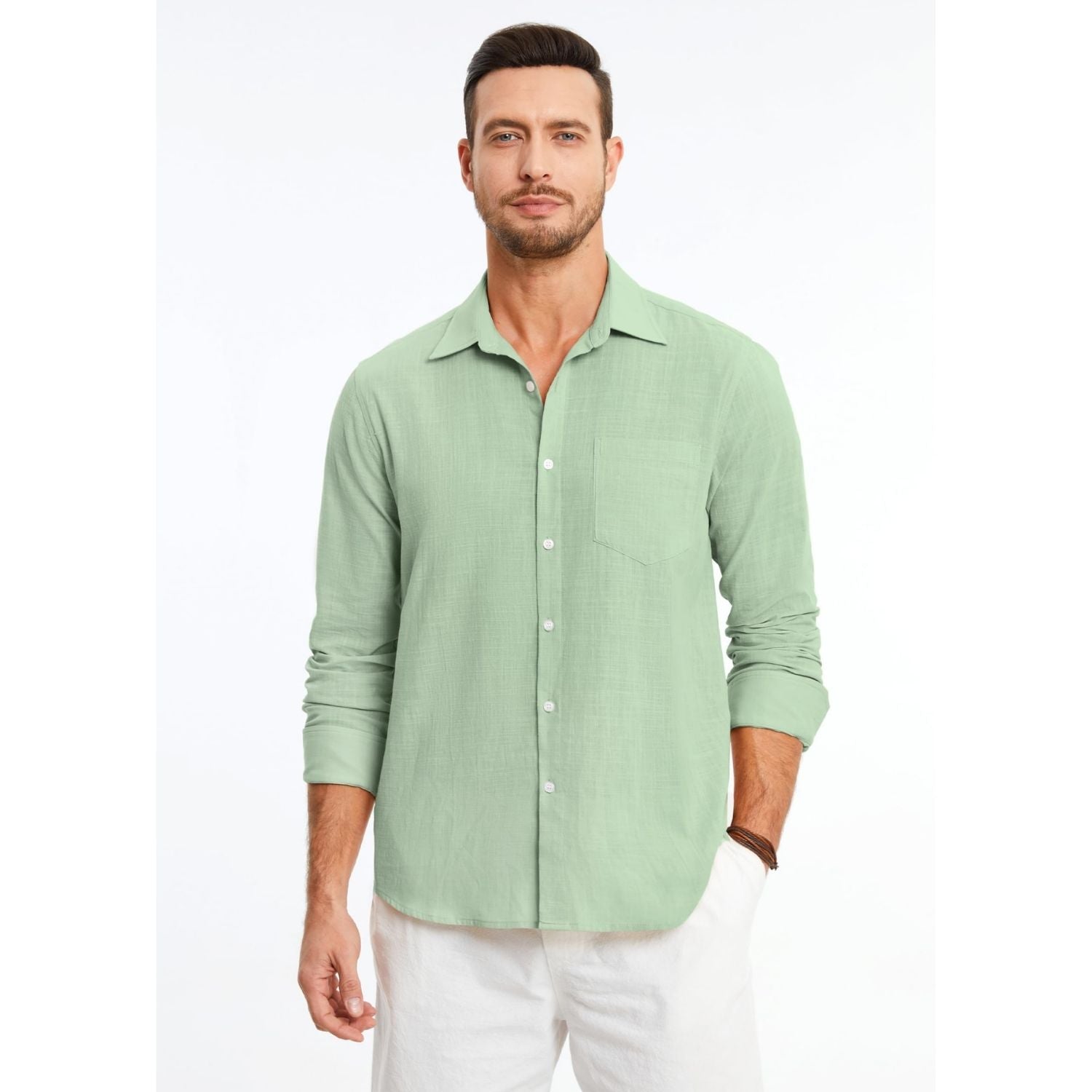 Hisdern Men's Long Sleeve Sage Green Casual Linen Shirts for Summer Beach