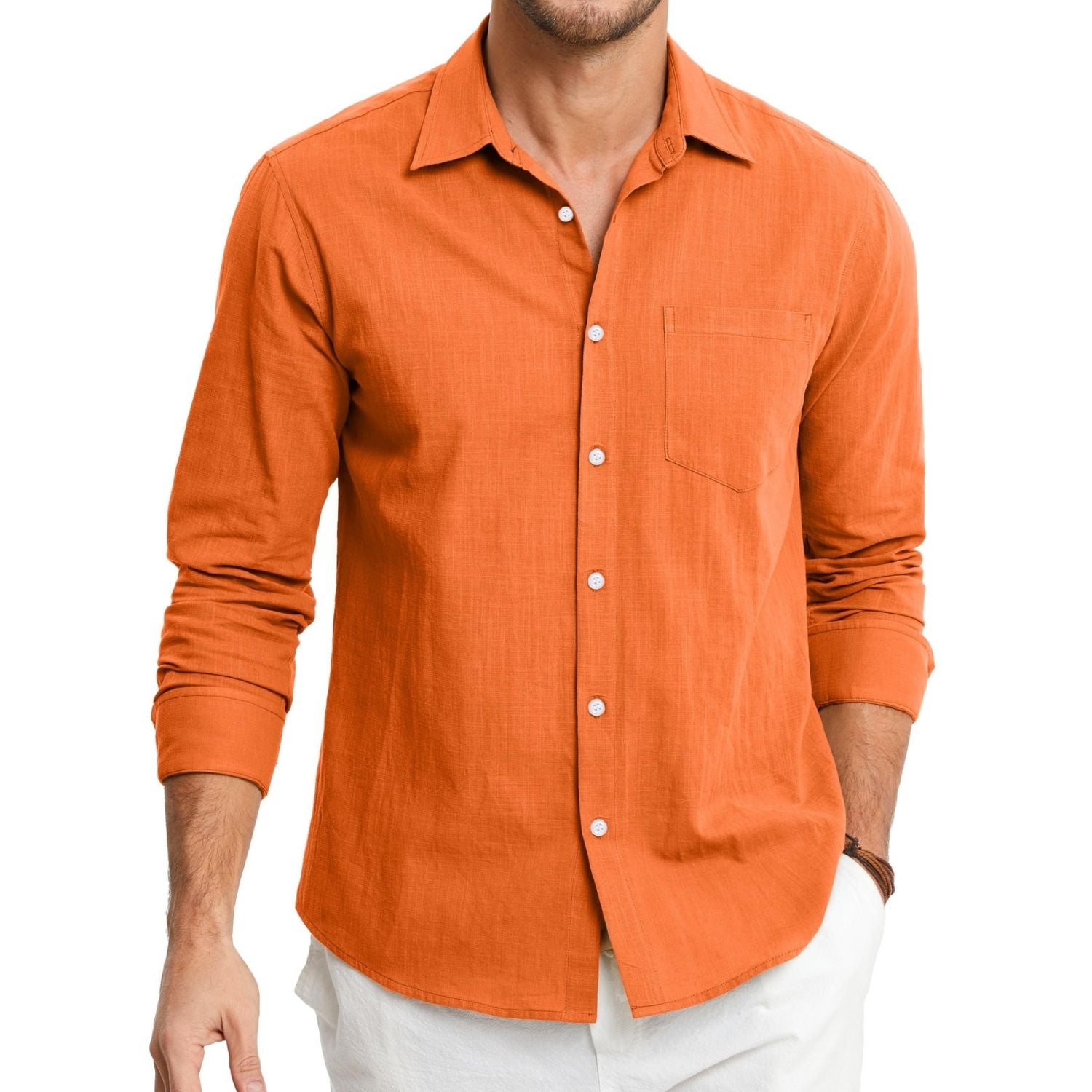 Hisdern Men's Long Sleeve Orange Casual Linen Shirts for Summer Beach