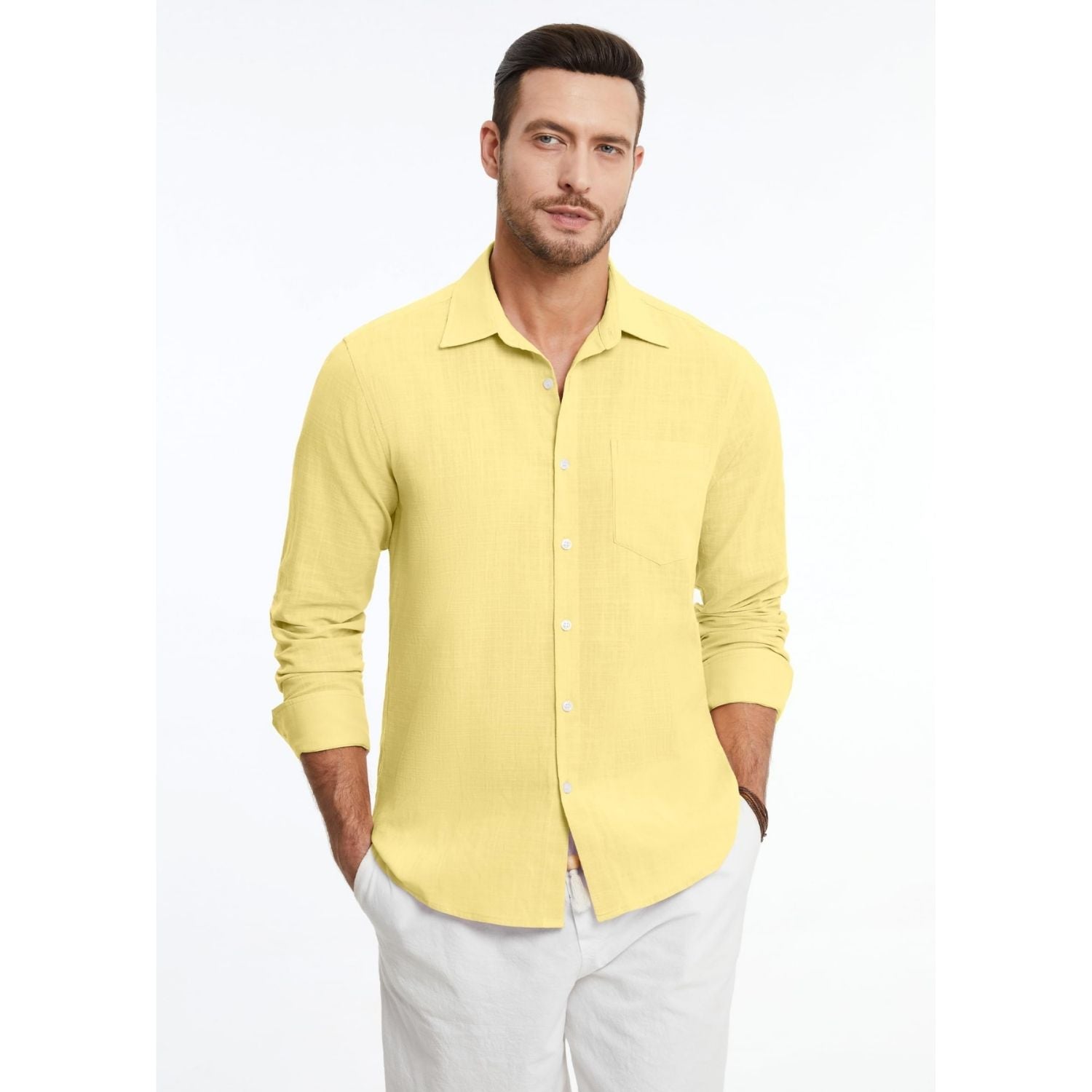 Hisdern Men's Long Sleeve Yellow Casual Linen Shirts for Summer Beach