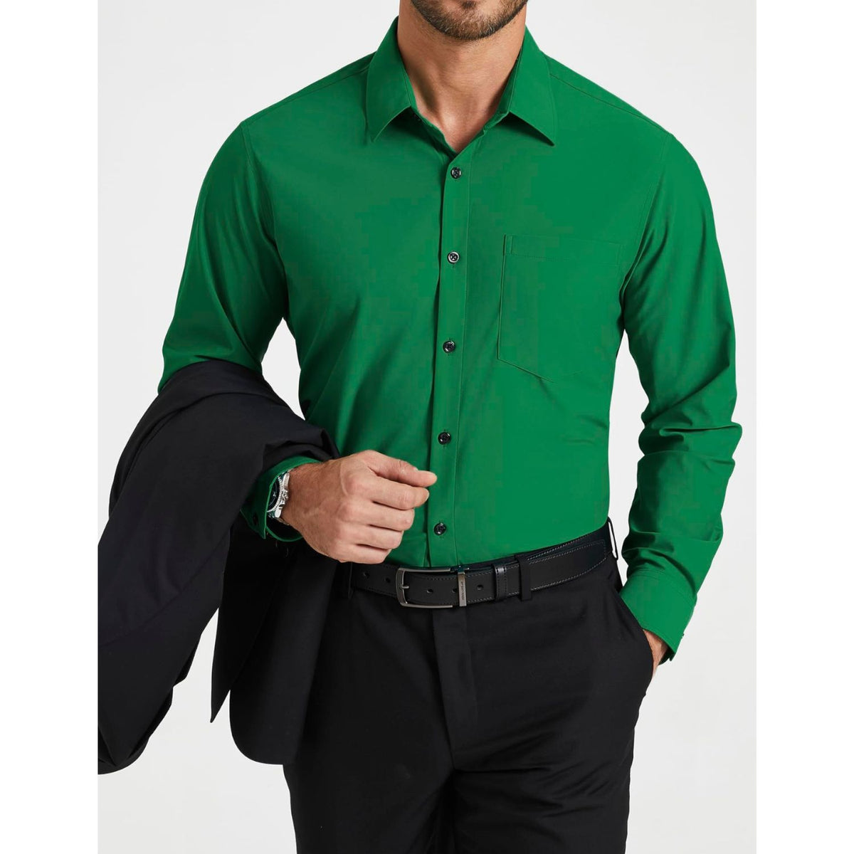 Hisdern Men's Stretch Wrinkle Free Dress Shirts Long Sleeve Green for Work 3XL