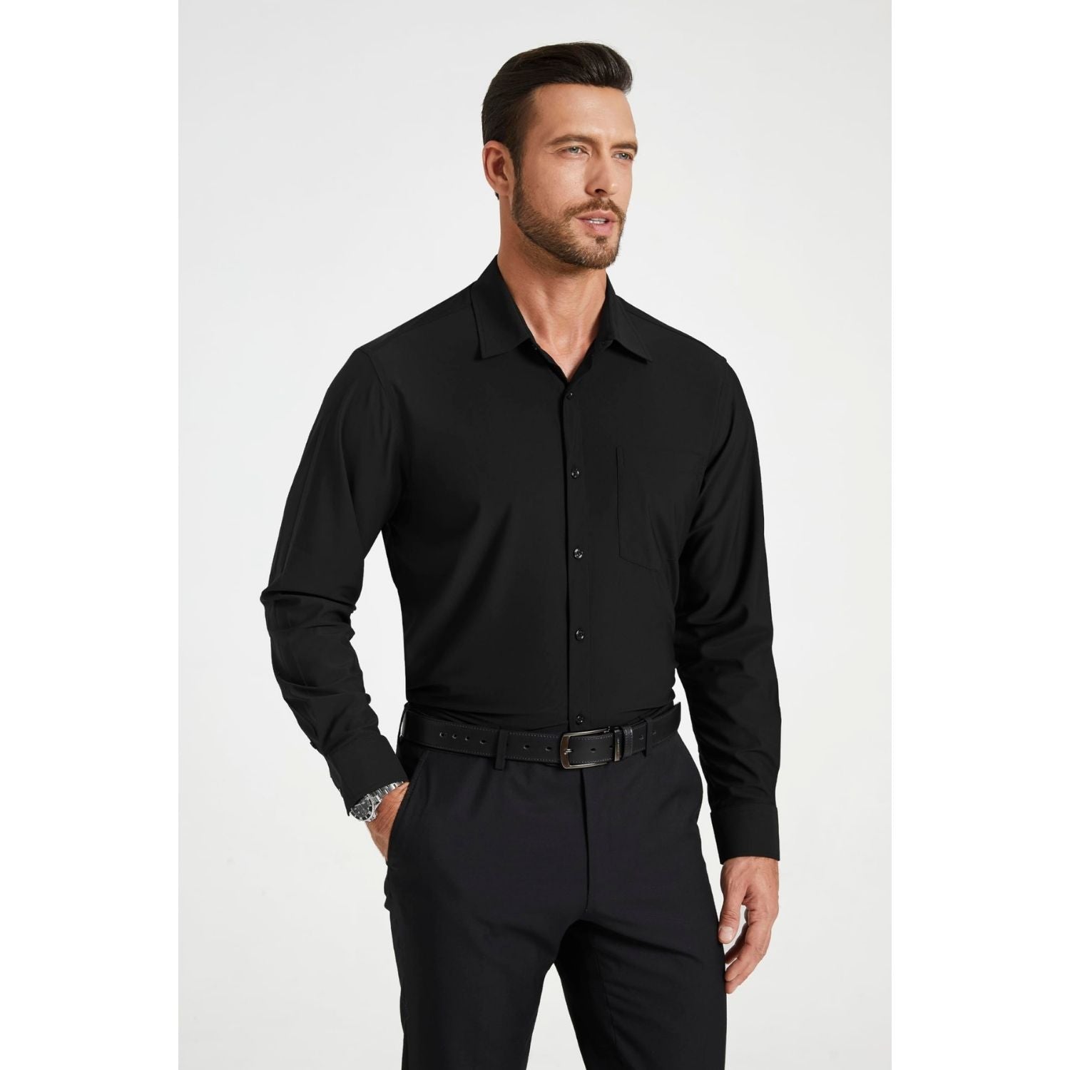 Hisdern Men's Stretch Wrinkle Free Dress Shirts Long Sleeve Non-Iron Black for Work