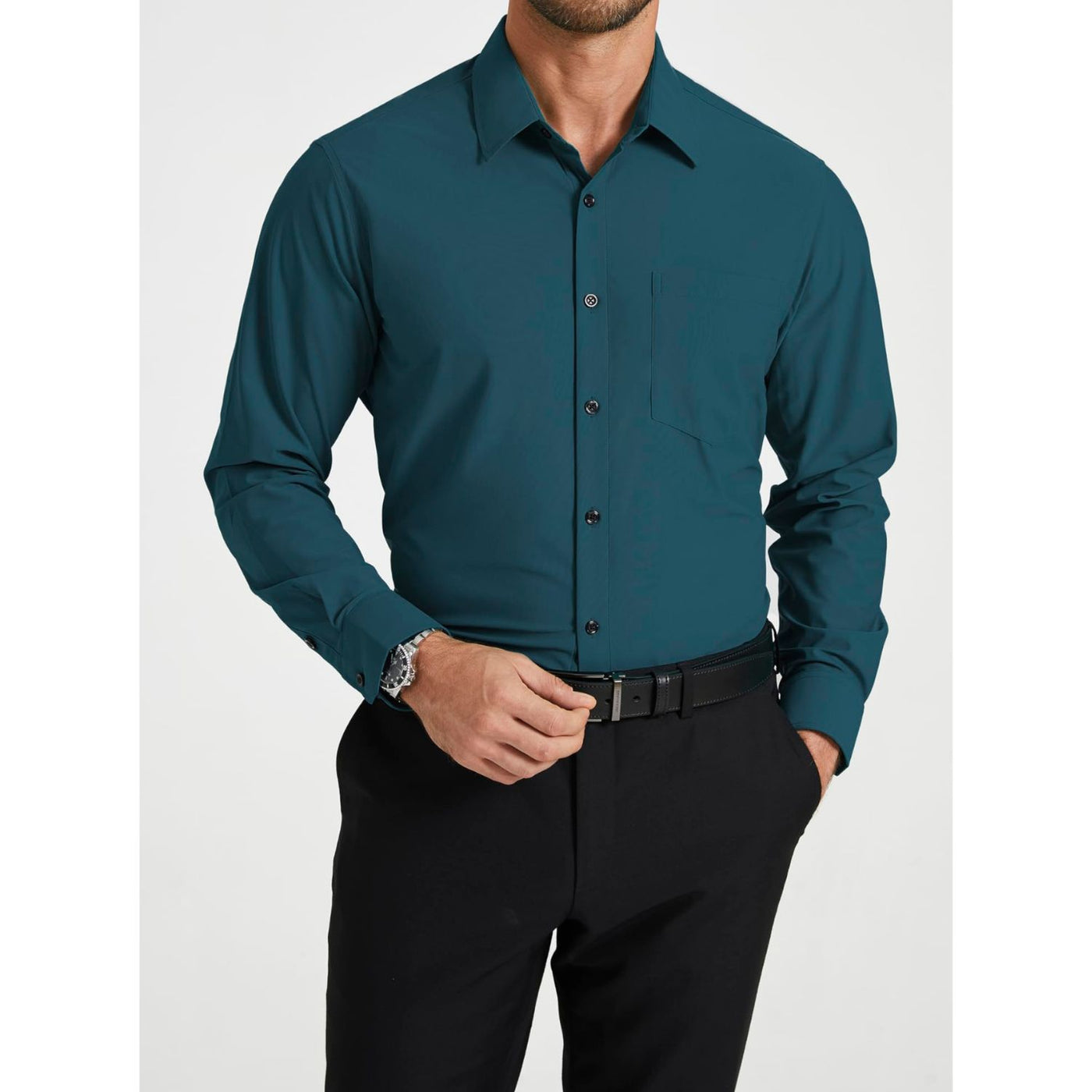HISDERN Men's Double Collar Dress Shirt - Wrinkle-Resistant Business & Casual Long Sleeve Button Down
