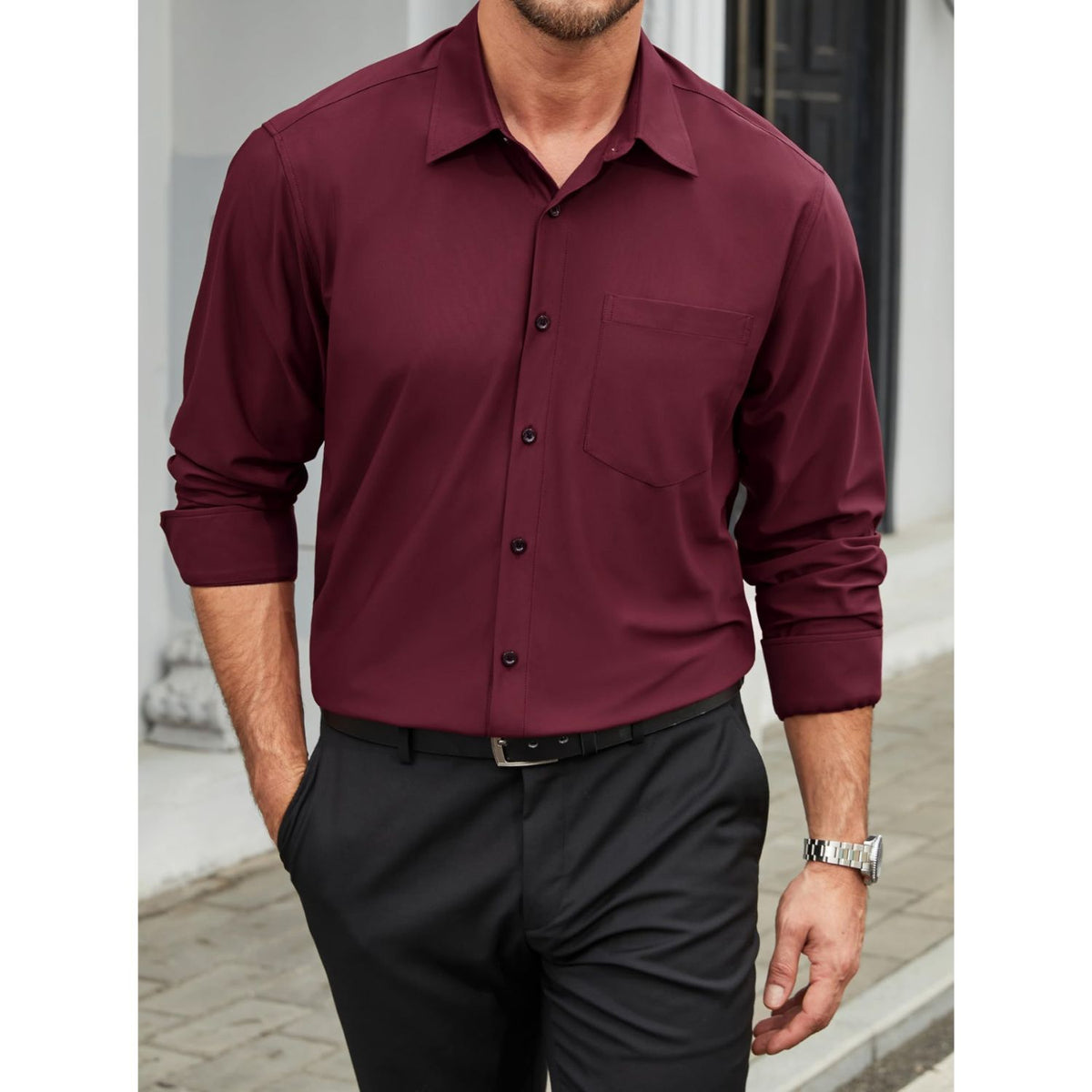 Hisdern Men's Stretch Wrinkle-Resistant Dress Shirts Long Sleeve Burgundy for Work XL