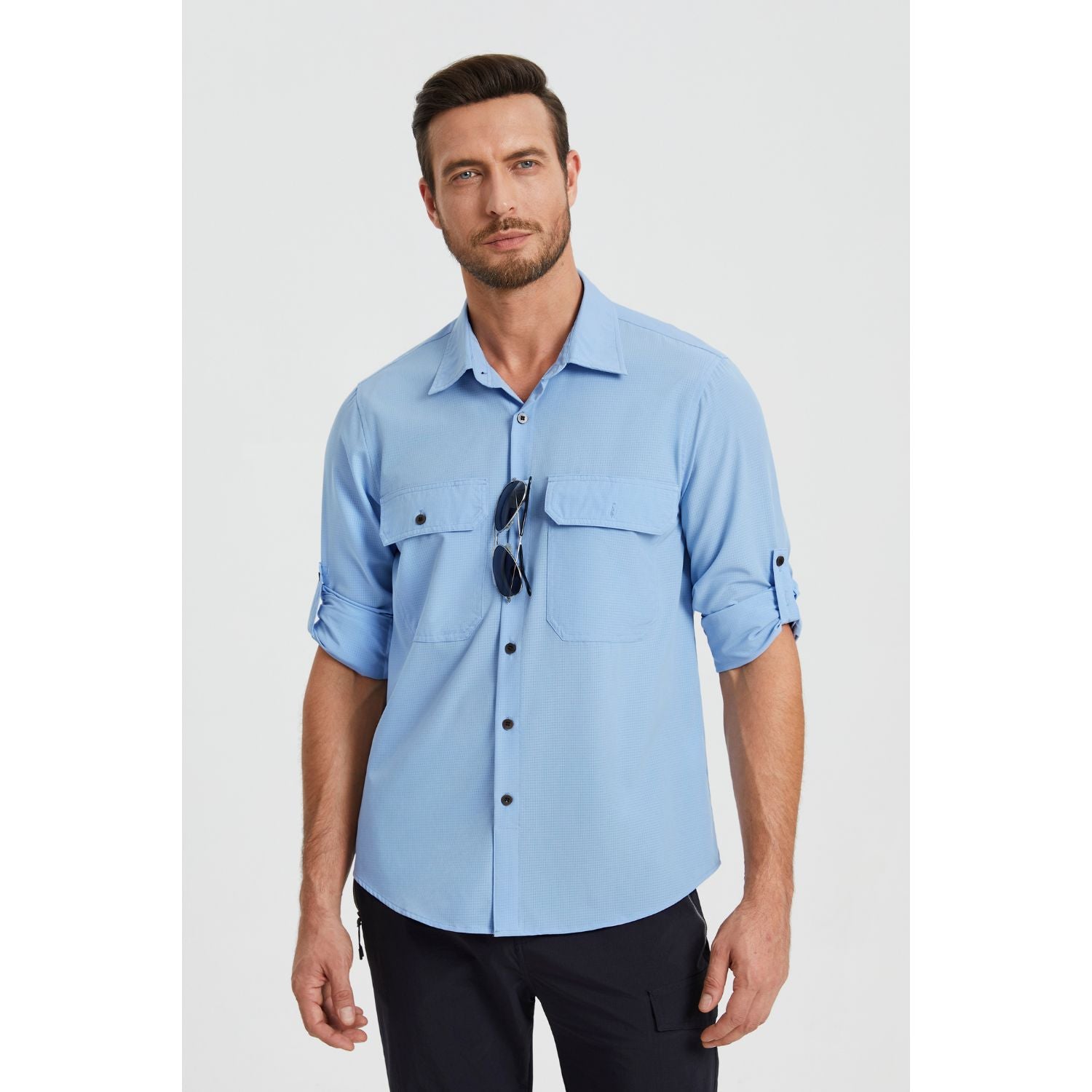 Hisdern Men's Sun Protection Denim Blue Fishing Shirt UPF 50+ for Fishing Hiking