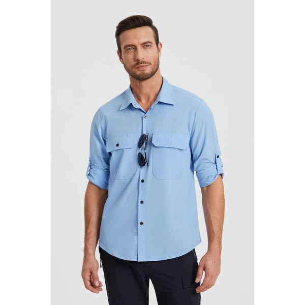 Hisdern Men's Sun Protection Denim Blue Fishing Shirt UPF 50+ for Fishing Hiking