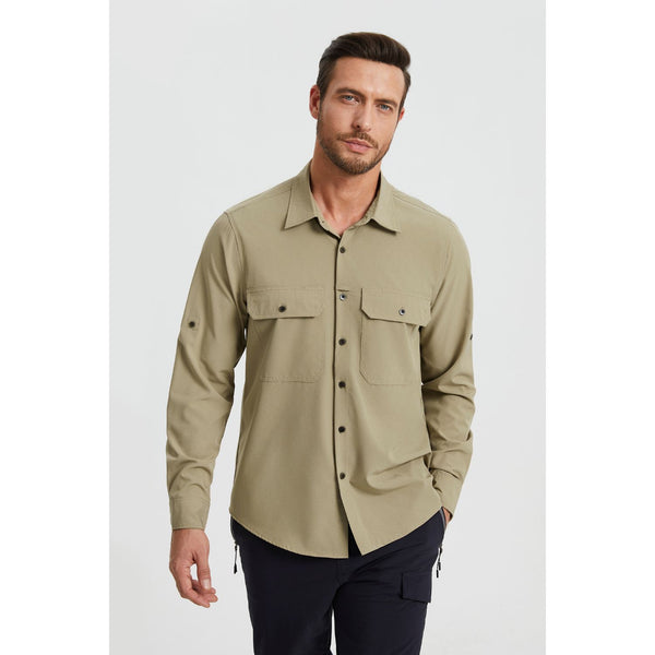 Hisdern Men's Sun Protection Khaki Fishing Shirt UPF 50+ for Fishing Hiking