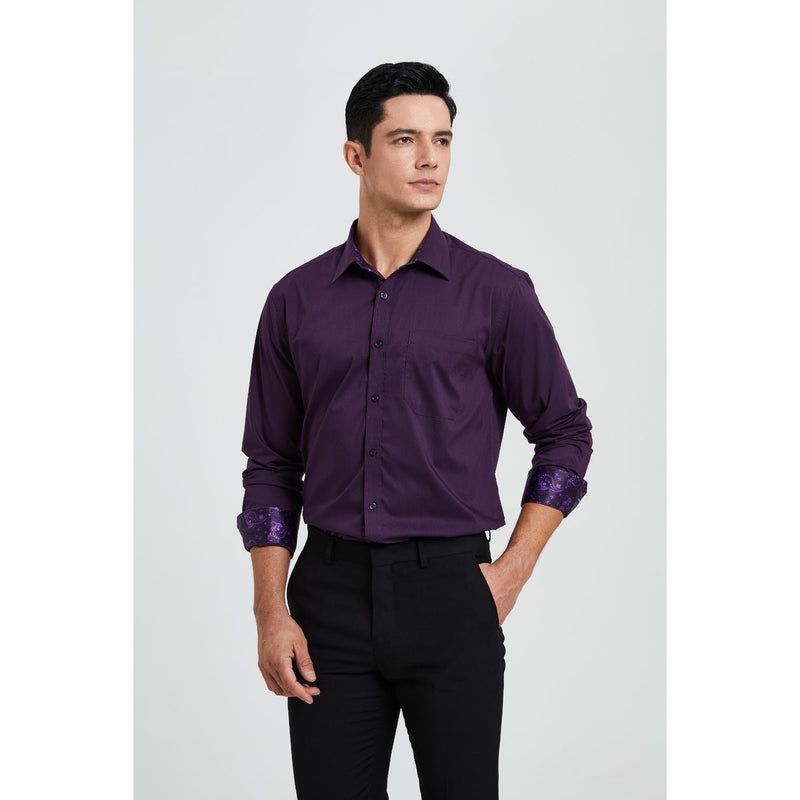 Men's Patchwork Dress Shirt with Pocket - DARK PURPLE/PAISLEY