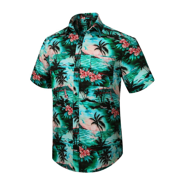 Funky Hawaiian Shirts with Pocket - 11-GREEN/PINK