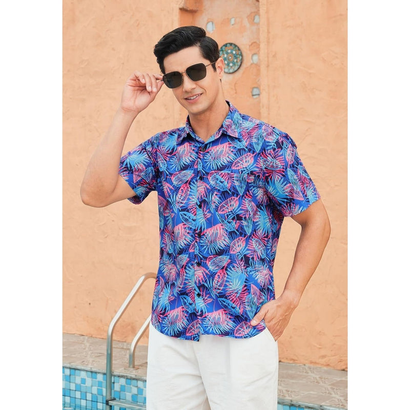 Funky Hawaiian Shirts with Pocket - A6-BLUE PINK