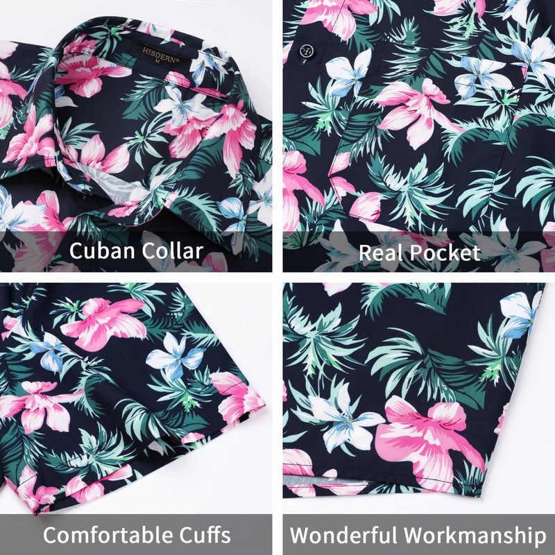 Funky Hawaiian Shirts with Pocket - 14-BLACK\PINK