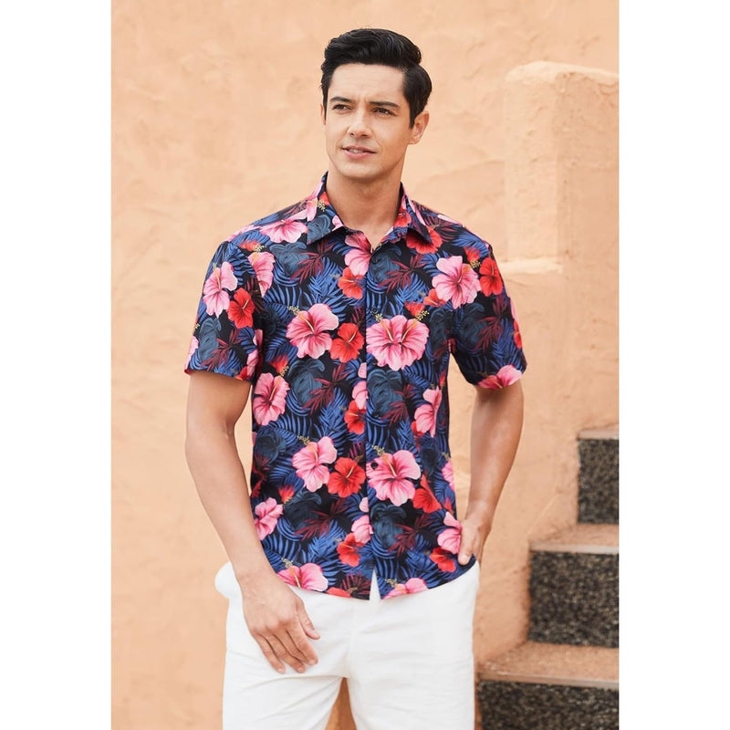 Funky Hawaiian Shirts with Pocket - A4-NAVY PINK