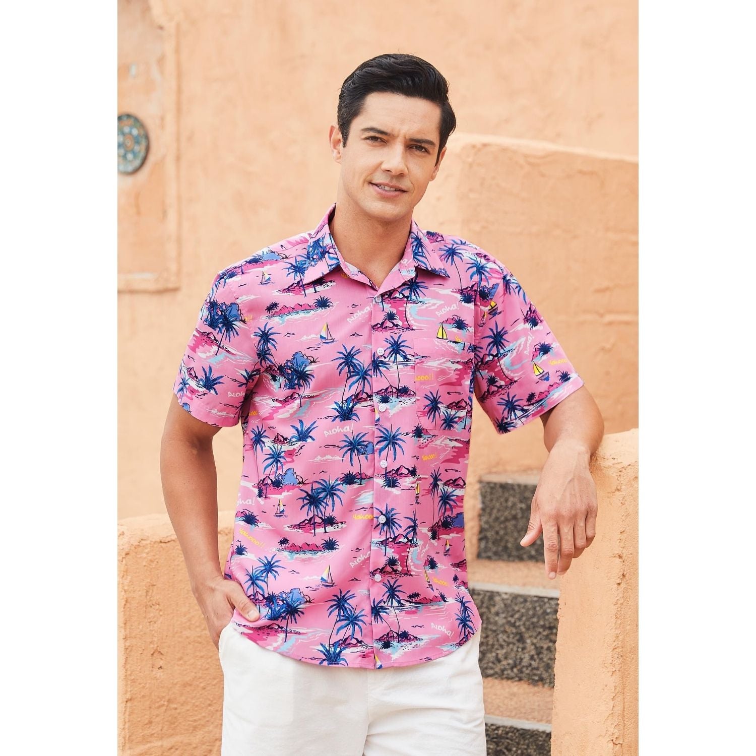Hisdern Pink Vintage Palm Tree Hawaiian Wedding Shirt