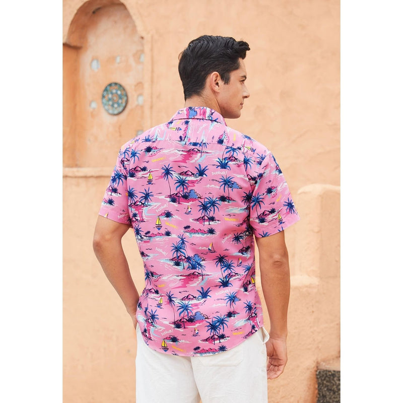 Funky Hawaiian Shirts with Pocket - 21-PINK/PALM TREE