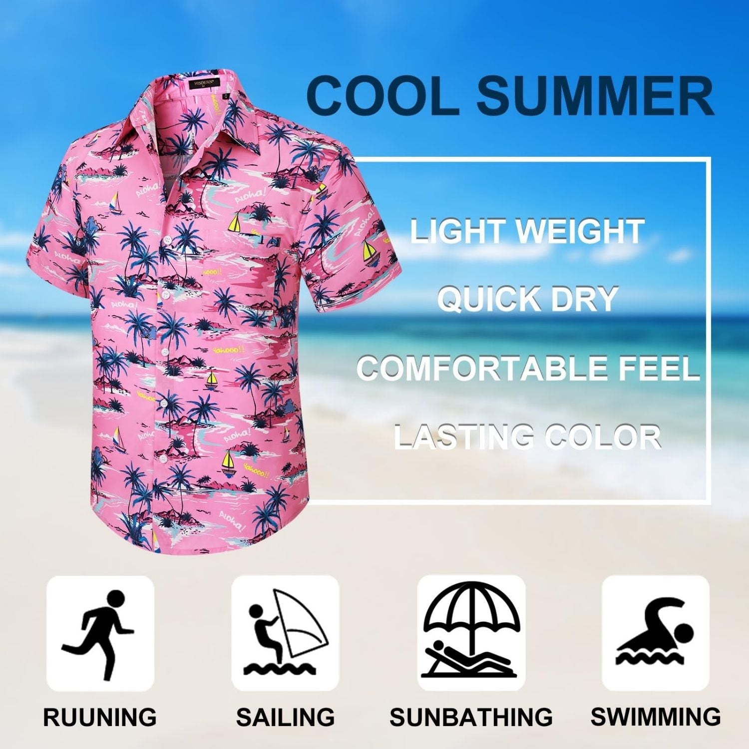 Hisdern Pink Vintage Palm Tree Hawaiian Wedding Shirt