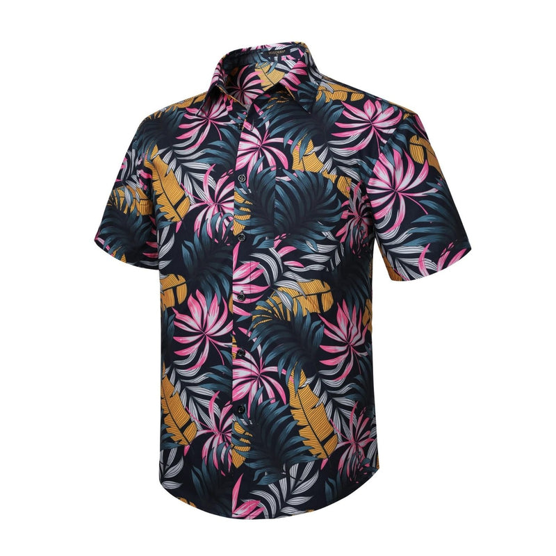 Funky Hawaiian Shirts with Pocket - 15-BLACK\LEAVES