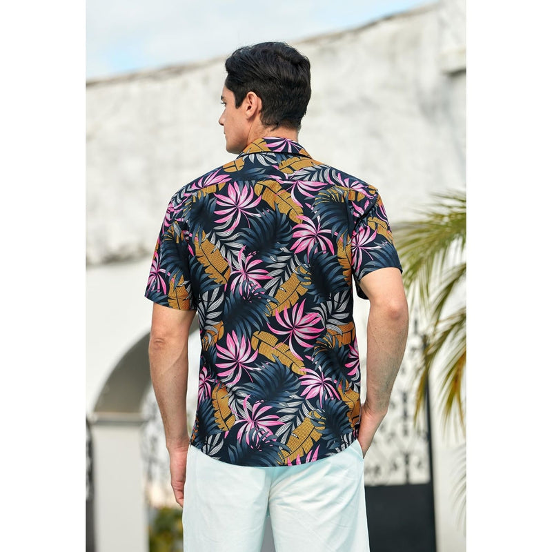 Funky Hawaiian Shirts with Pocket - 15-BLACK\LEAVES