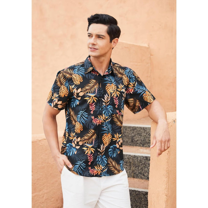 Funky Hawaiian Shirts with Pocket - A6-BLACK ORANGE