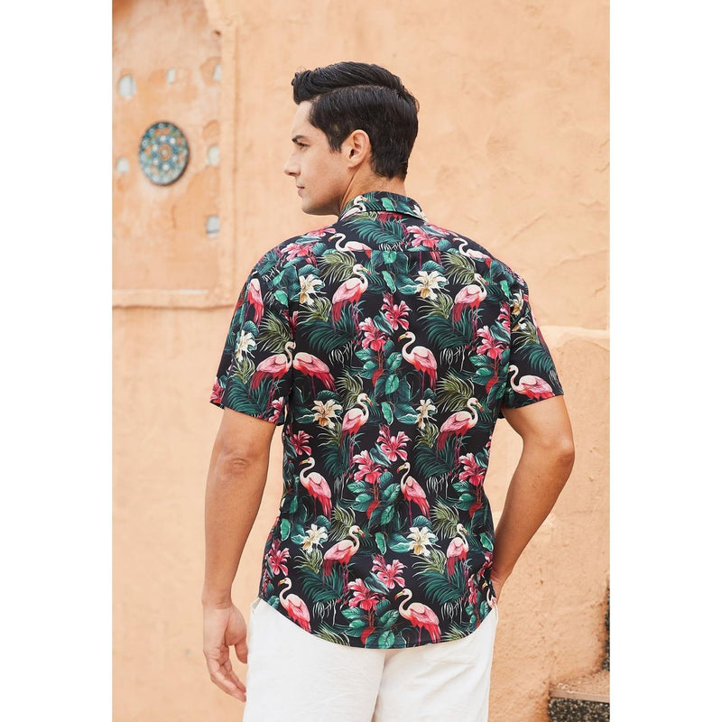 Funky Hawaiian Shirts with Pocket - 19-BLACK/FLAMINGO