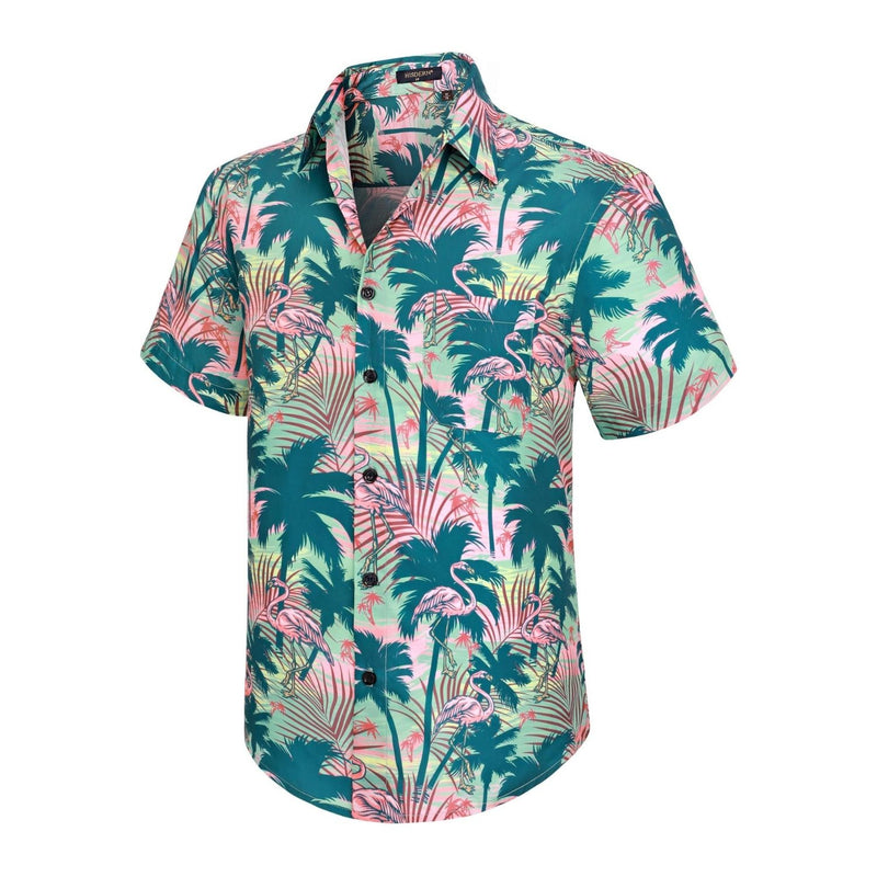 Funky Hawaiian Shirts with Pocket - 22-GREEN/FLAMINGO