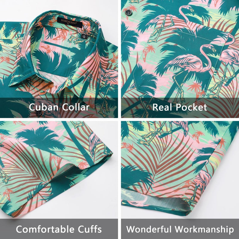 Funky Hawaiian Shirts with Pocket - 22-GREEN/FLAMINGO