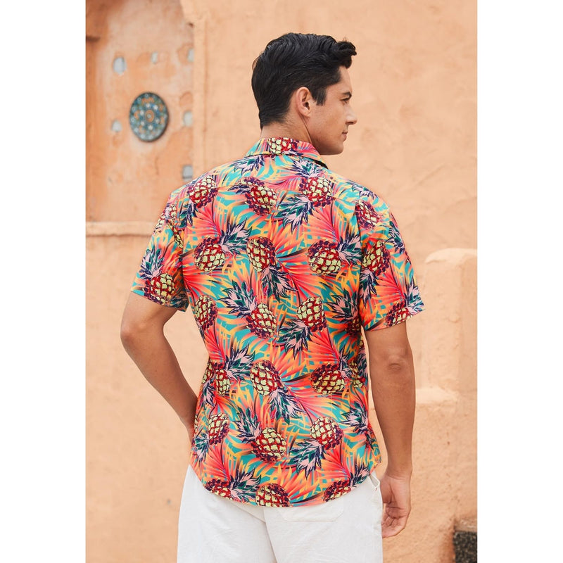 Funky Hawaiian Shirts with Pocket - 17-ORANGE/PINEAPPLE