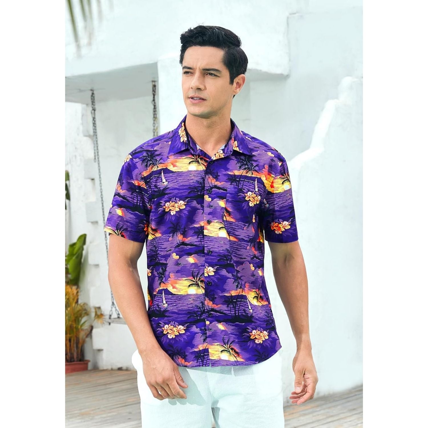 Hisdern Purple Vintage Palm Tree Hawaiian Wedding Shirt