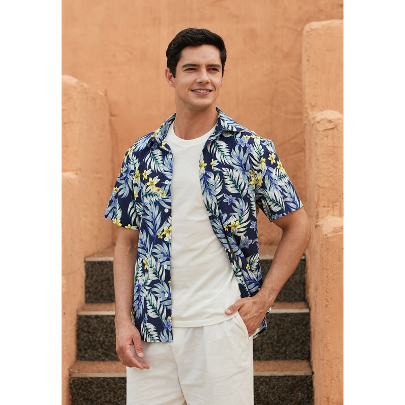 Funky Hawaiian Shirts with Pocket - NAVY BLUE/GREY