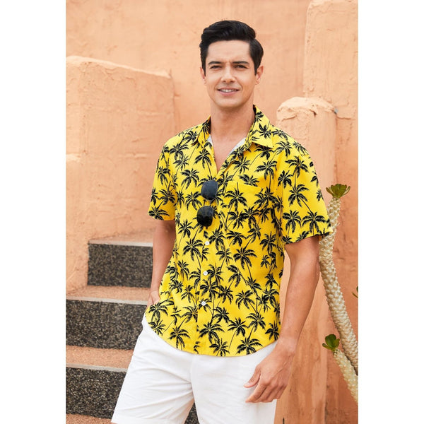 Funky Hawaiian Shirts with Pocket - 24-YELLOW/TREE