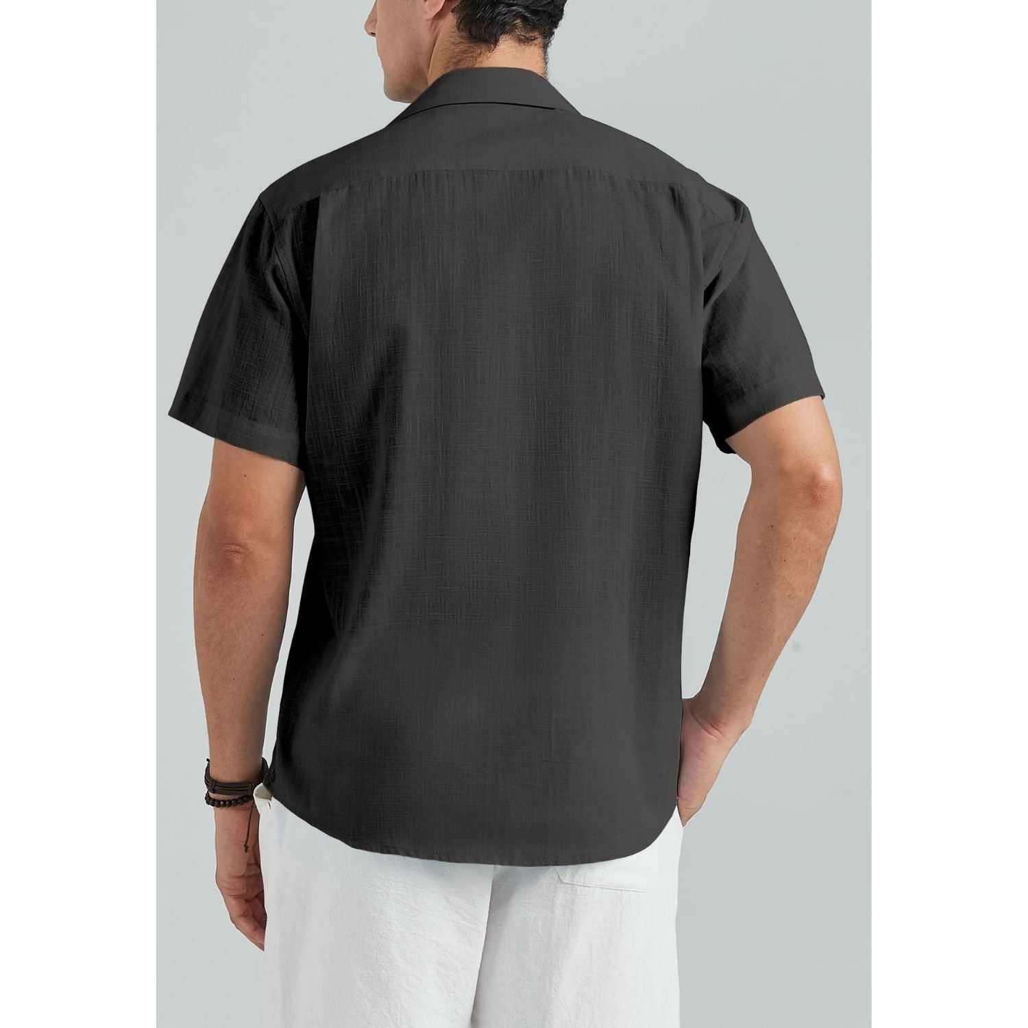Men's Short Sleeve Dark Grey Casual Linen Shirts for Summer Beach