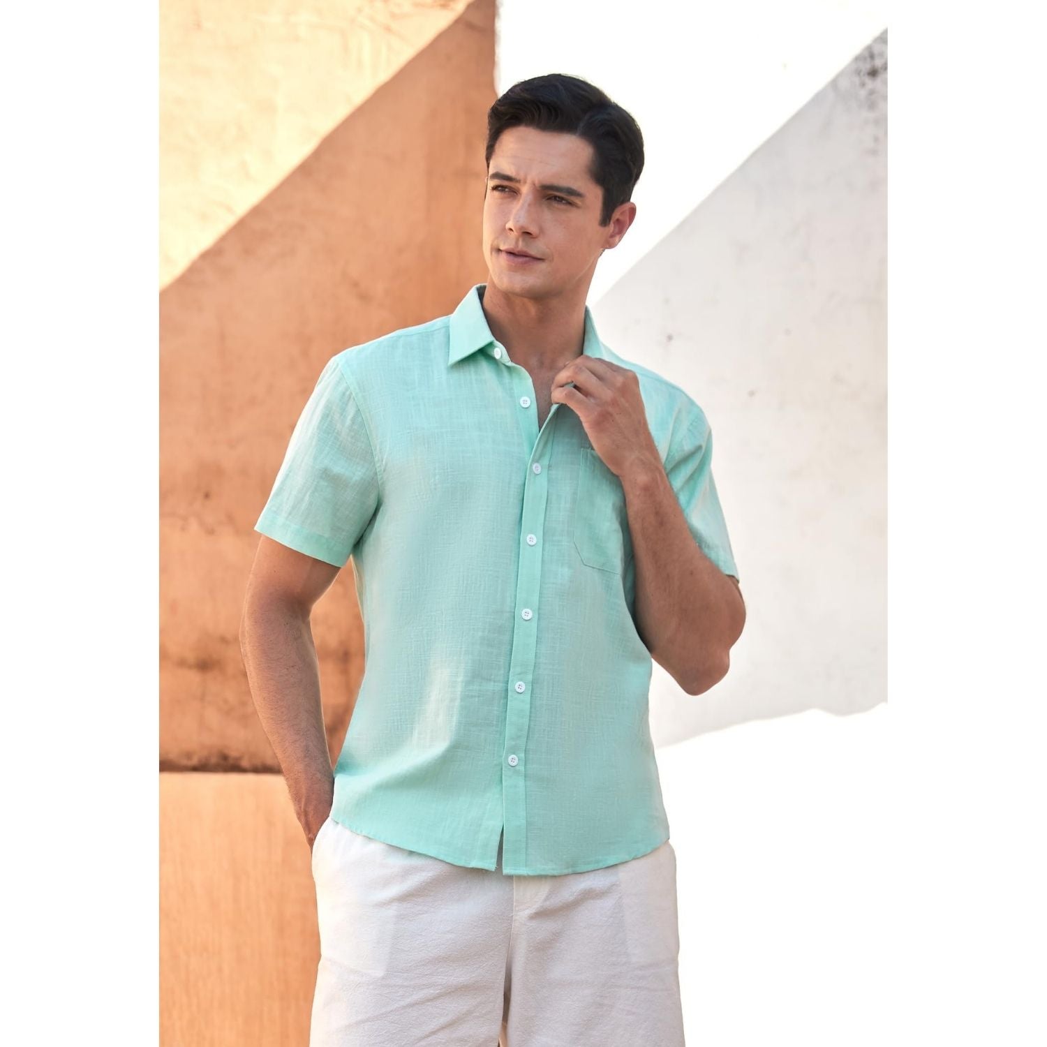 Hisdern Men's Short Sleeve Mint Green Casual Linen Shirts for Summer B
