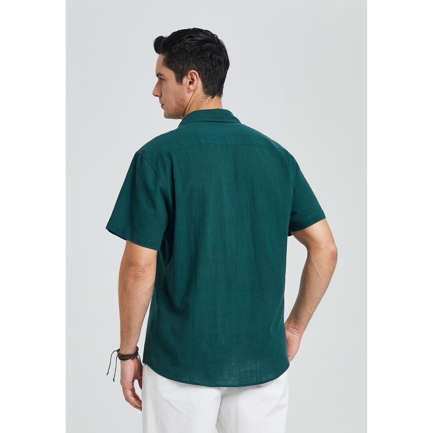 Hisdern Men's Short Sleeve Linen Shirt - Teal Beach Wear