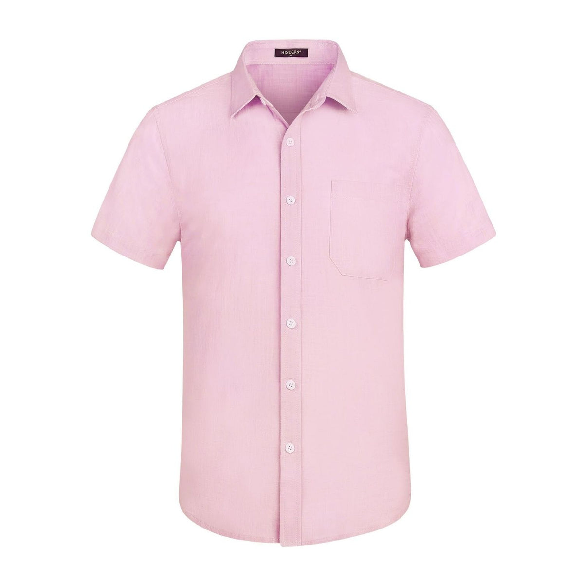 Hisdern Men's Light Pink Short Sleeve Linen Button Up Shirt for Summer Vacation