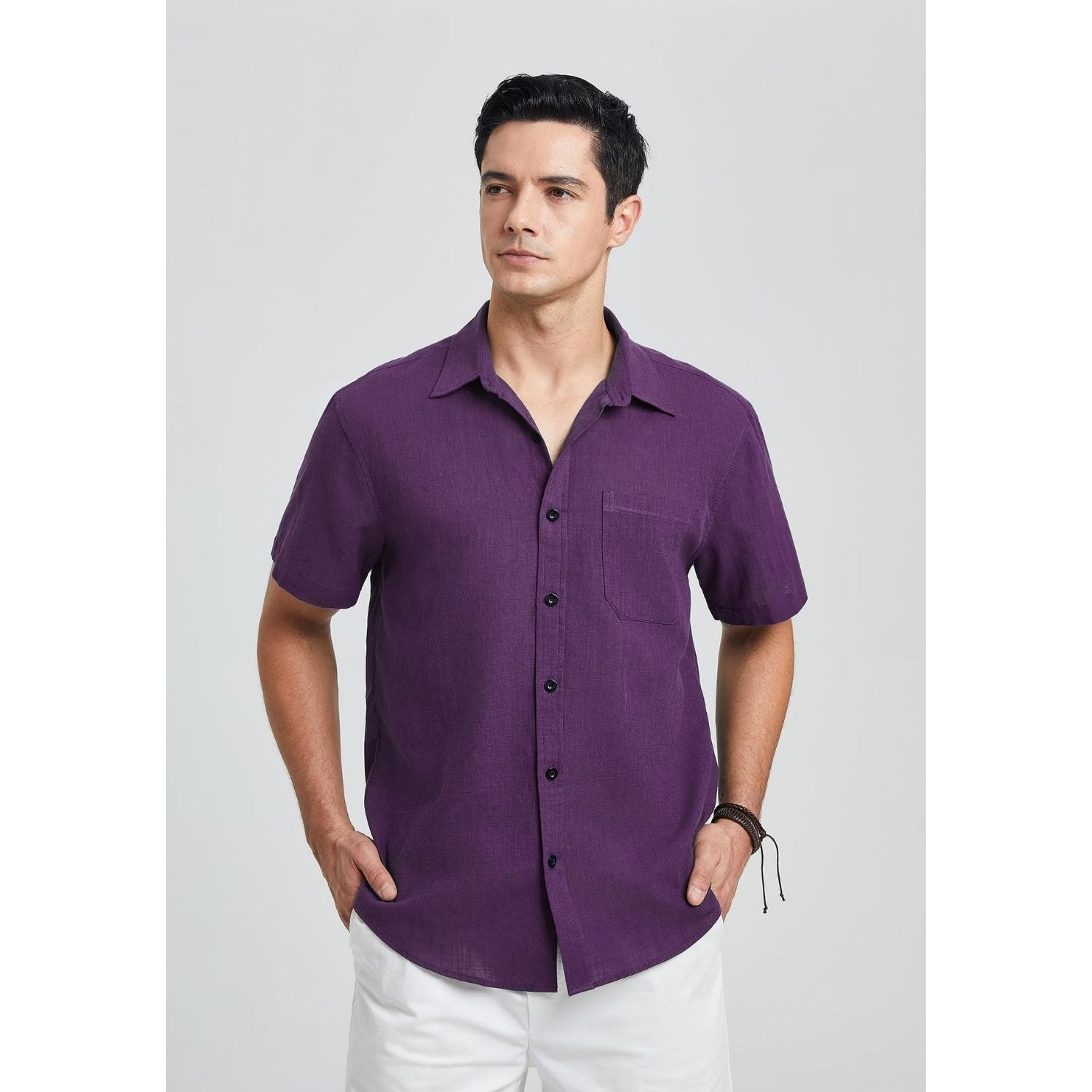 Hisdern Men's Short Sleeve Linen Shirt - Purple Beach Wear