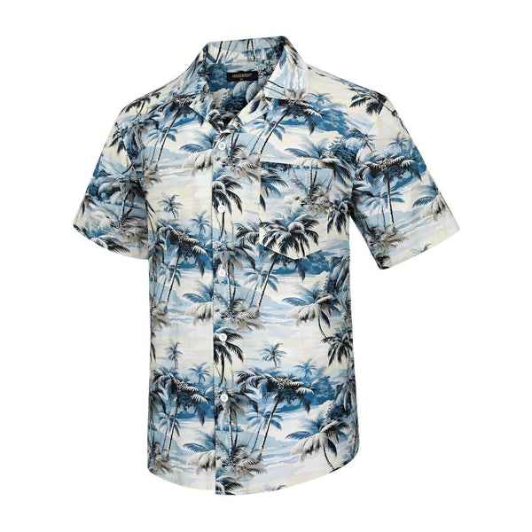 Blue White Palm Tree Button Up Hawaiian Shirt For Summer Vacation