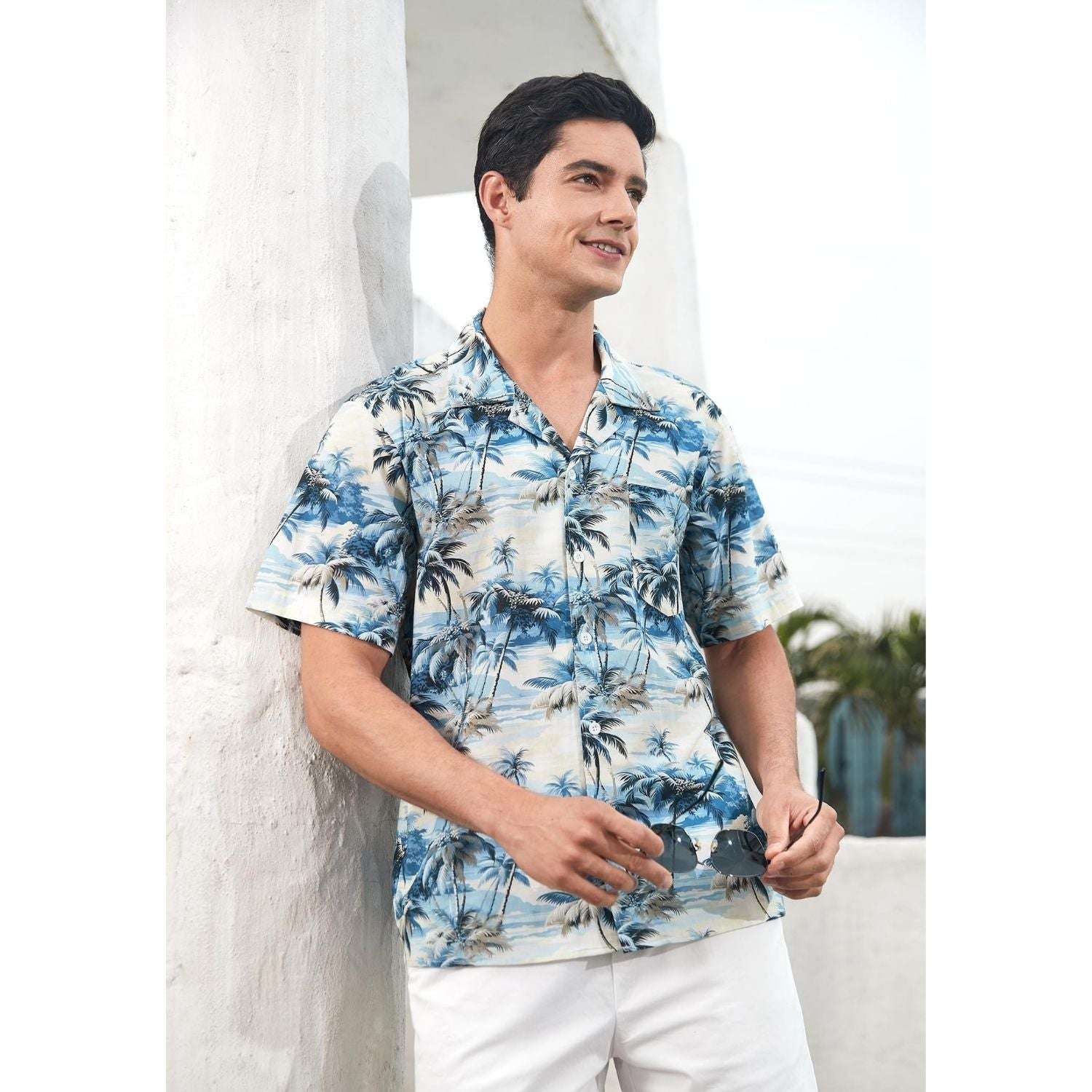 Hisdern Blue White Palm Tree Button Up Hawaiian Shirt For Summer Vacat
