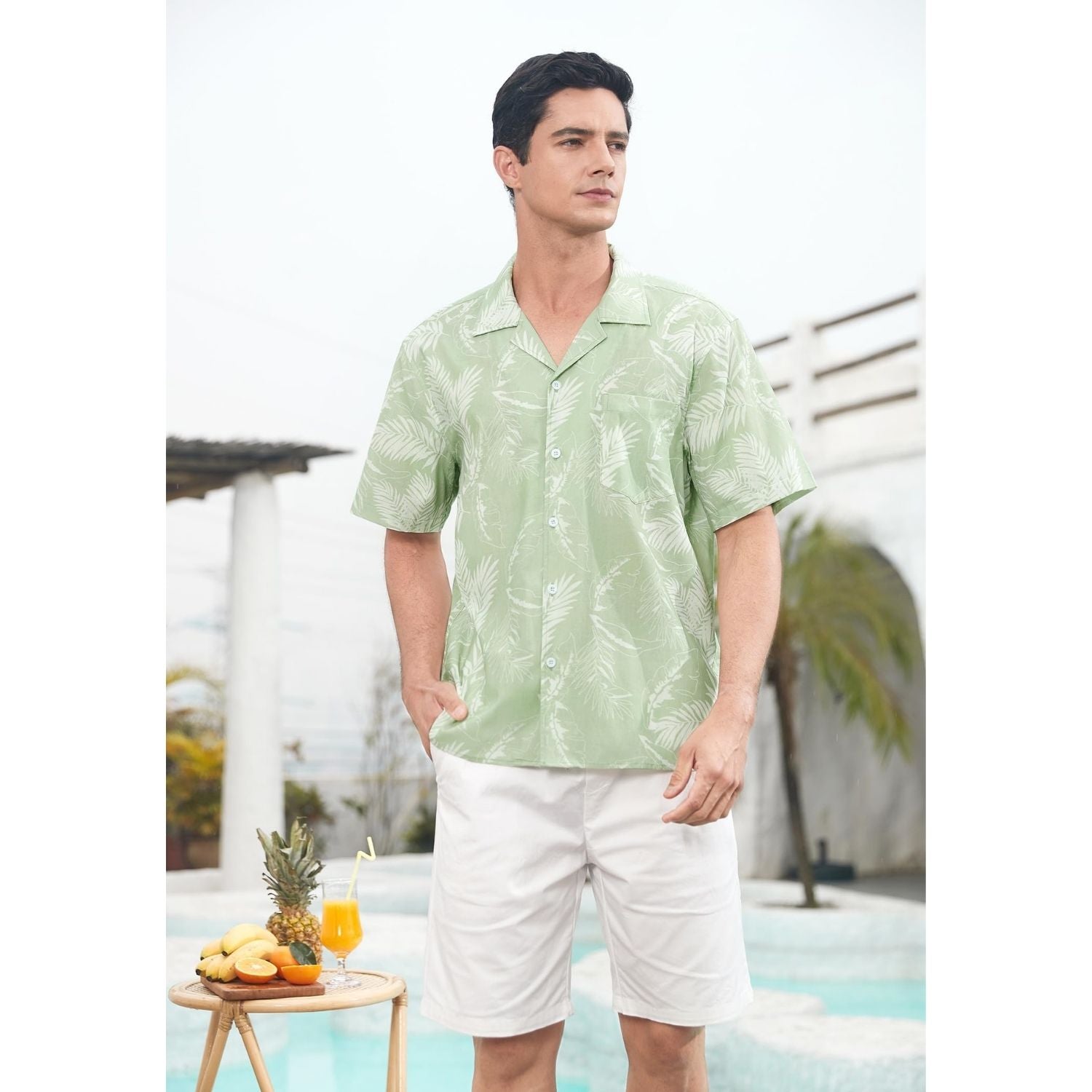 Hisdern Mint Green Floral Button Up Hawaiian Shirt For Summer Vacation