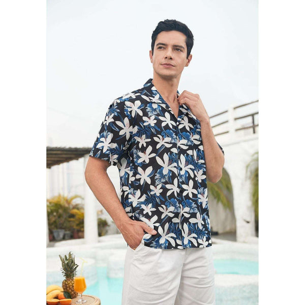 Black White Floral Button Up Hawaiian Shirt For Summer Vacation