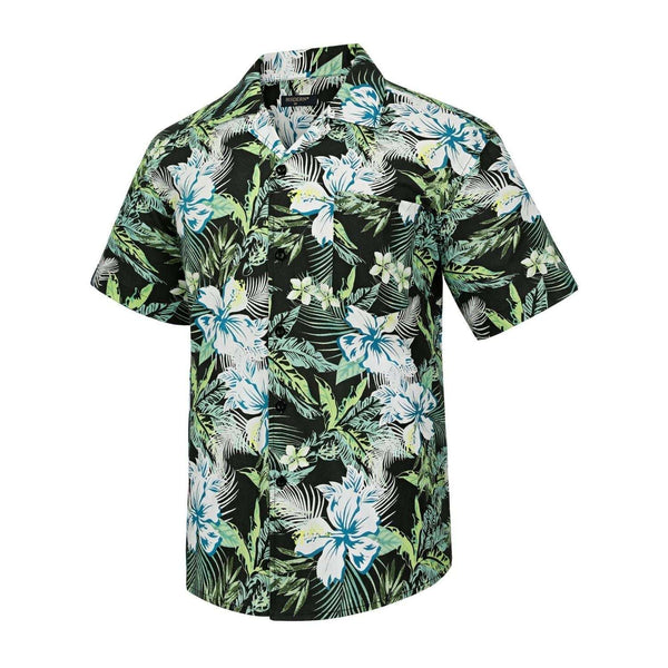 Green Black Floral Button Up Hawaiian Shirt For Summer Vacation