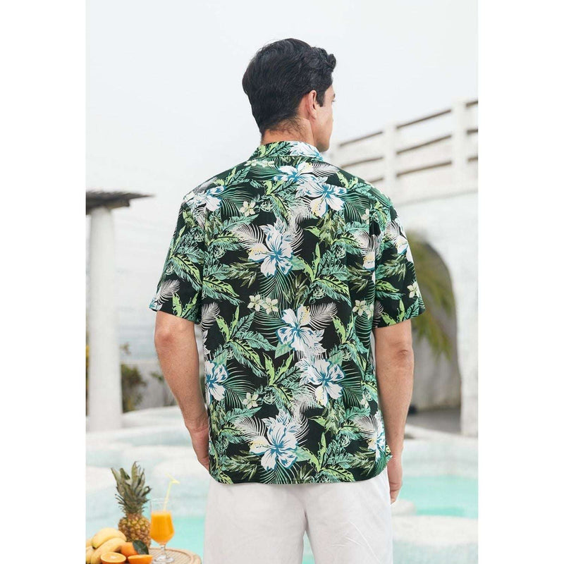 Green Black Floral Button Up Hawaiian Shirt For Summer Vacation