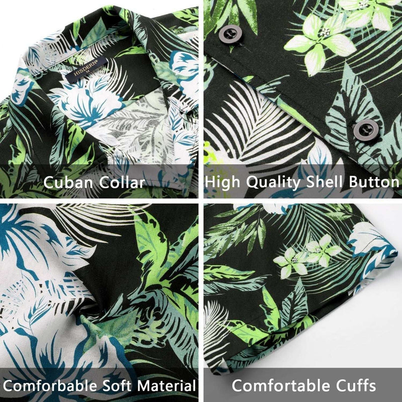 Green Black Floral Button Up Hawaiian Shirt For Summer Vacation