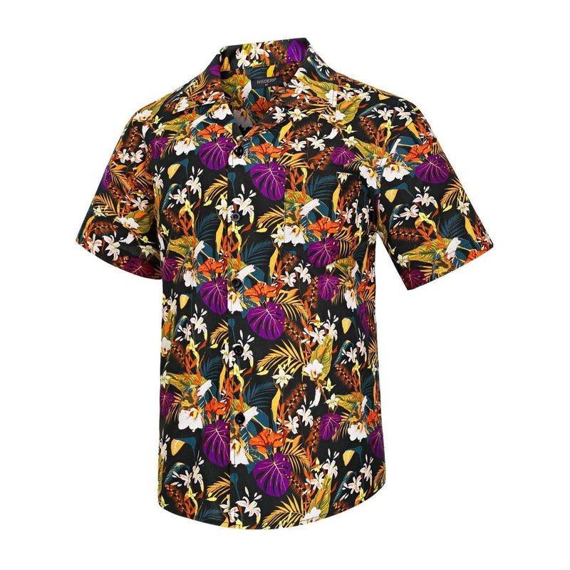 Yellow Purple Floral Button Up Hawaiian Shirt For Summer Vacation