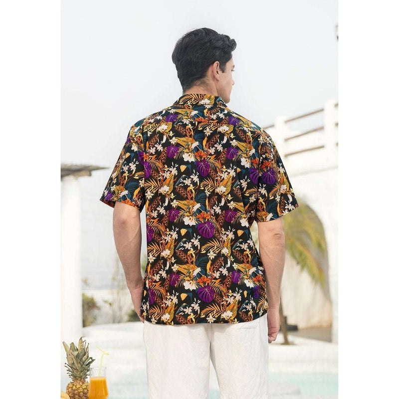 Yellow Purple Floral Button Up Hawaiian Shirt For Summer Vacation