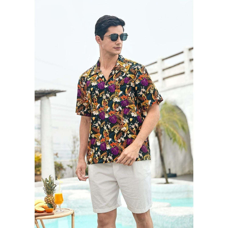 Yellow Purple Floral Button Up Hawaiian Shirt For Summer Vacation