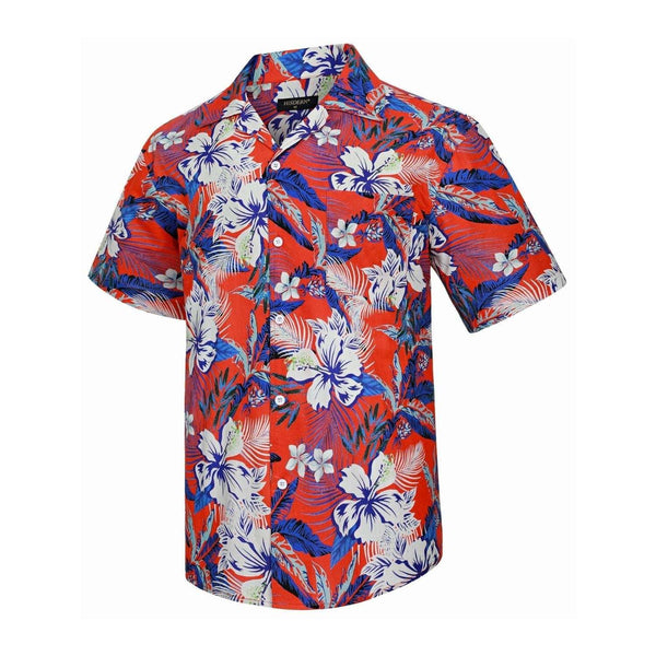 Red Floral Button Up Hawaiian Shirt For Summer Vacation