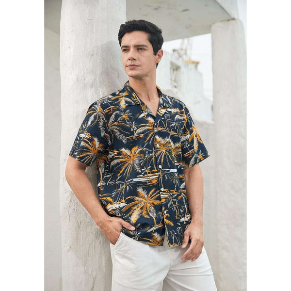 Blue Orange Palm Tree Button Up Hawaiian Shirt For Summer Vacation